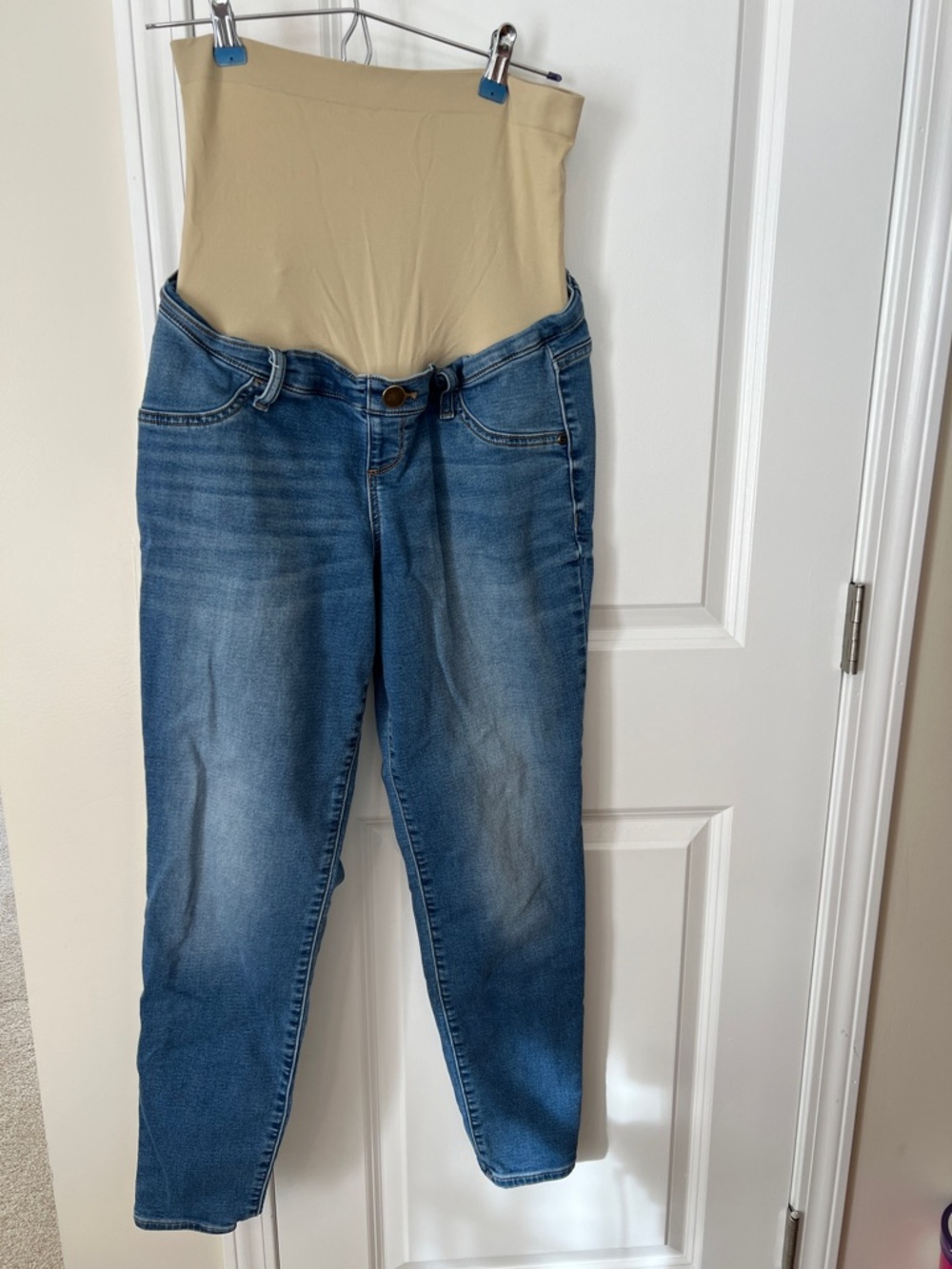 A-Glow Blue Maternity Jeggings with Beige Support Panel